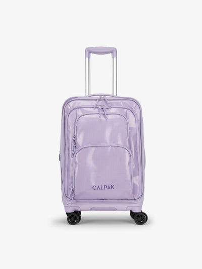 Studio product shot of front-facing CALPAK Terra Carry-On luggage with soft shell and 360 spinner wheels in amethyst; LTE1020-AMETHYST view 1