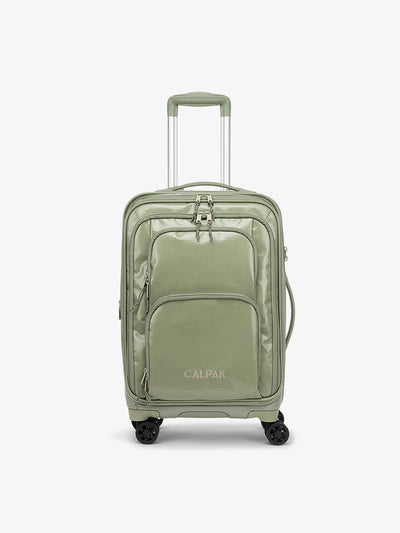 Studio product shot of front-facing CALPAK Terra Carry-On luggage with soft shell and 360 spinner wheels in juniper model; LTE1020-JUNIPER view 1