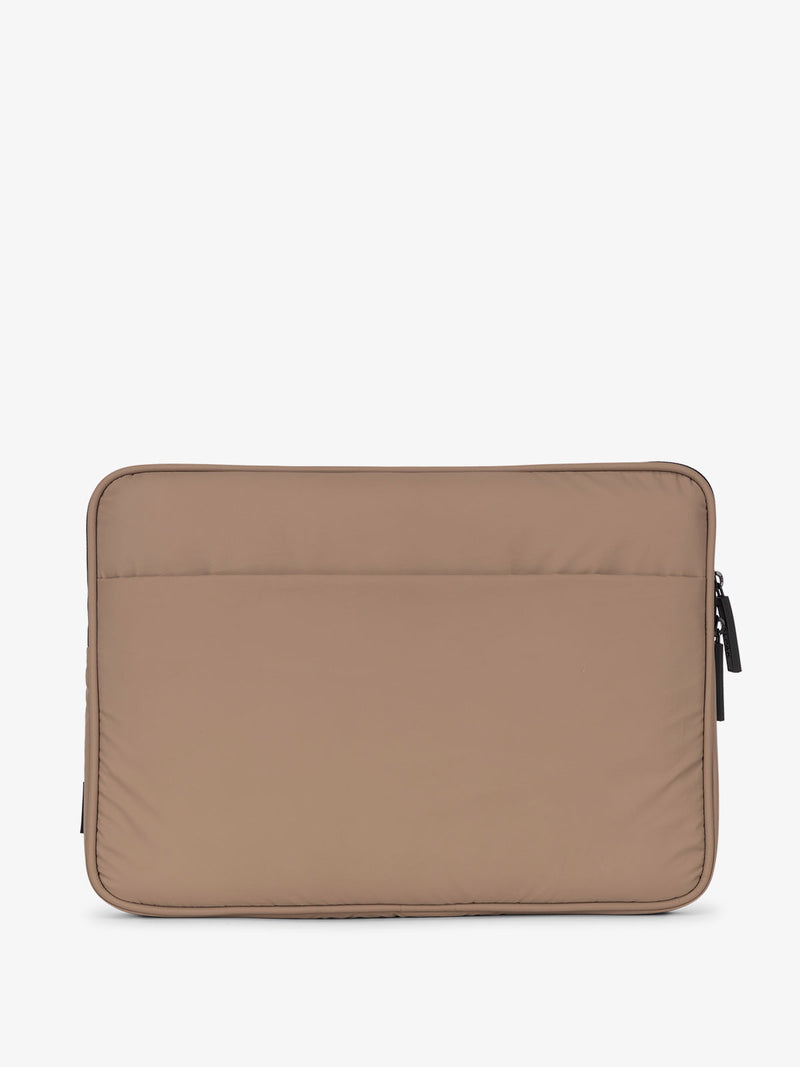 Back view of CALPAK Luka 14" Padded Laptop Sleeve with multiple exterior pockets in brown