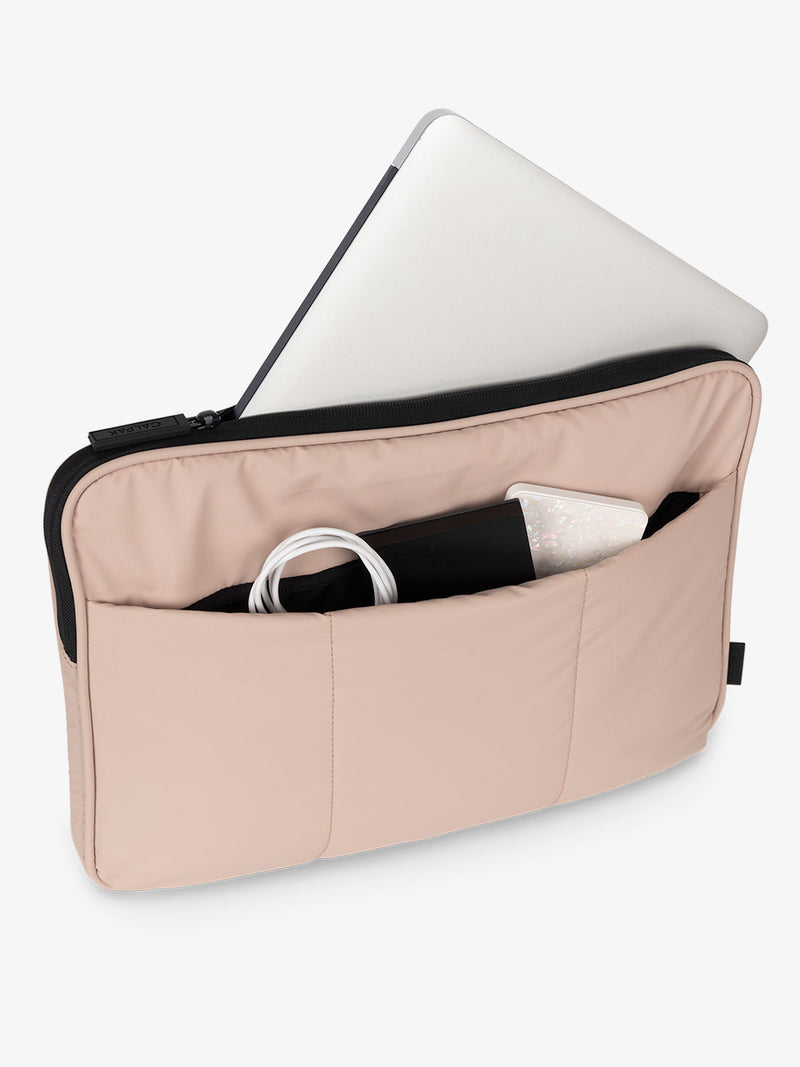 CALPAK Luka 14" Padded Laptop Sleeve with multiple exterior pockets for cords and electronics and main pocket for 14" laptop in pink rose quartz