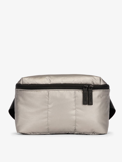 CALPAK Luka Belt Bag with soft puffy exterior in silver; BB1901-GUNMETAL view 1