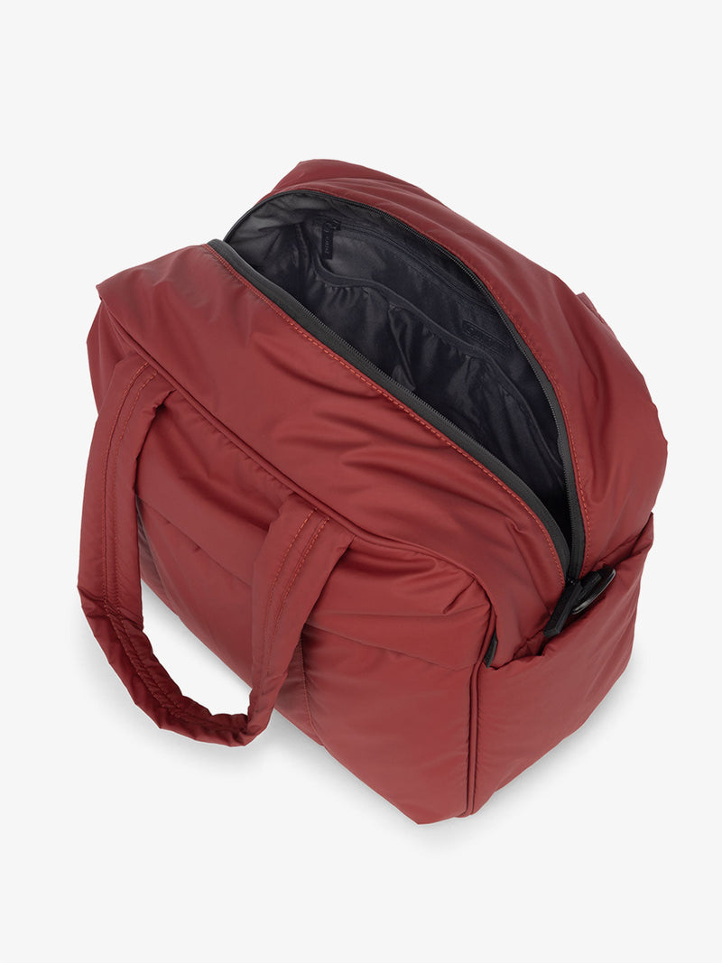 CALPAK Luka Duffel Bag open top view in merlot