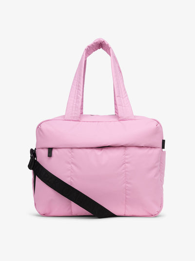 CALPAK Luka Duffel puffy Bag with detachable strap and zippered front pocket in pink; DSM1901-BUBBLEGUM view 1