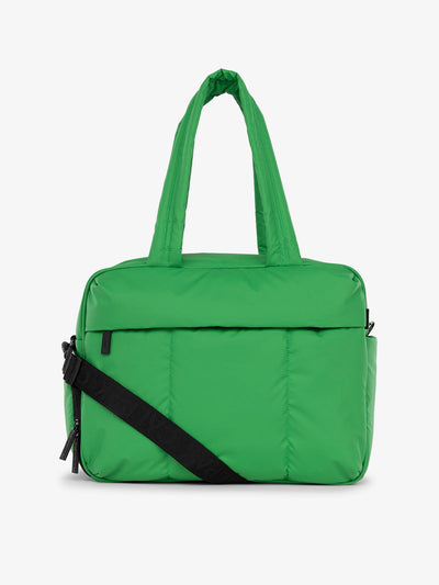 CALPAK Luka Duffel puffy Bag with detachable strap and zippered front pocket in green apple; DSM1901-GREEN-APPLE