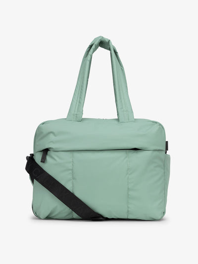 CALPAK Luka Duffel puffy Bag with detachable strap and zippered front pocket in sage green; DSM1901-SAGE