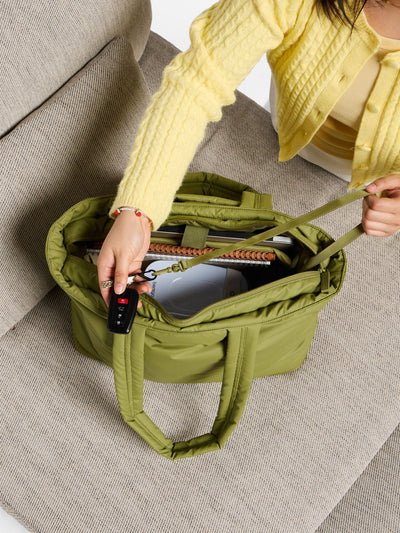 CALPAK Luka expandable tote bag with laptop compartment and padded straps in pistachio; ALT2201-PISTACHIO view 2