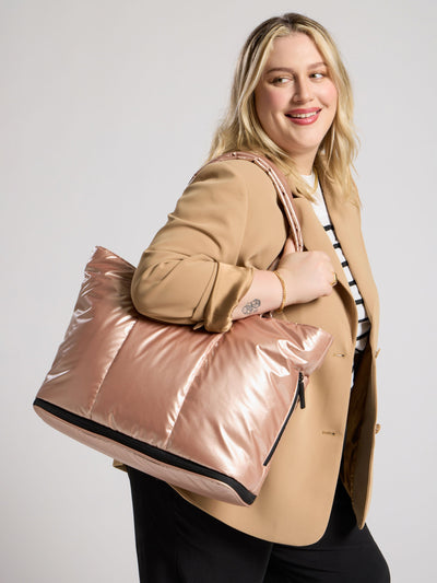 CALPAK Luka expandable tote bag with laptop compartment and padded straps in pink rose gold; ALT2201-ROSE-GOLD view 2