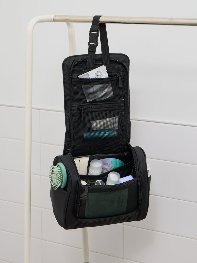 Luka Hanging Toiletry Bag featuring hanging strap in black