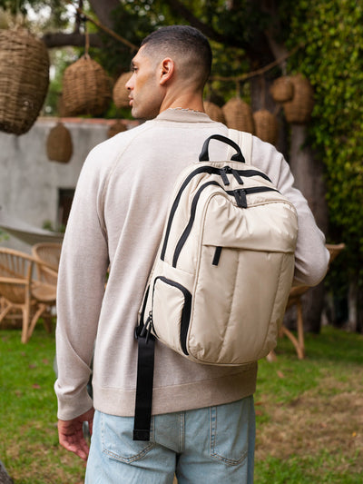 CALPAK Luka laptop backpack in cream oatmeal; BPL2001-OATMEAL view 2