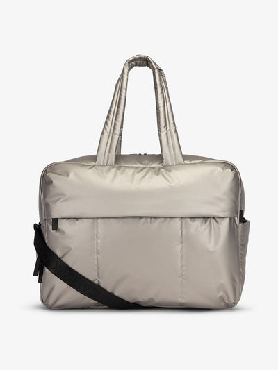 CALPAK Luka large duffle bag with detachable strap and zippered front pocket in metallic silver; DLL2201-GUNMETAL view 1