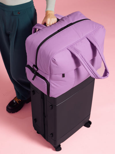 CALPAK Luka large duffle bag with detachable strap and zippered front pocket in lavender lilac; DLL2201-LILAC view 2