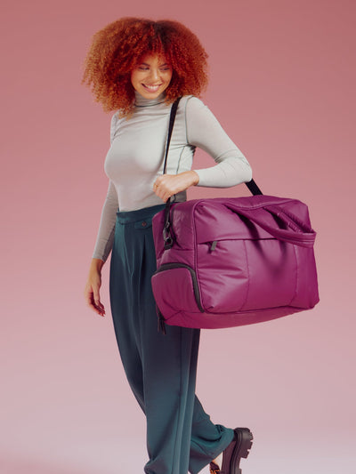 CALPAK Luka large duffle bag with detachable strap and zippered front pocket in purple plum; DLL2201-PLUM view 2