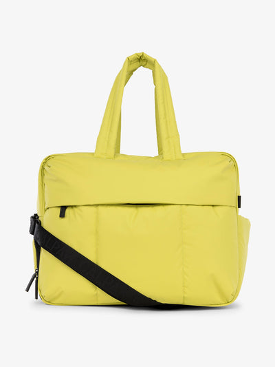 CALPAK Luka large duffel bag for travel with detachable strap and zippered front pocket in celery; DLL2201-CELERY view 1