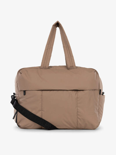 CALPAK Luka large duffle bag with detachable strap and zippered front pocket in chocolate; DLL2201-CHOCOLATE view 1