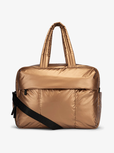 CALPAK Luka large duffle bag with detachable strap and zippered front pocket in metallic brown; DLL2201-COPPER view 1