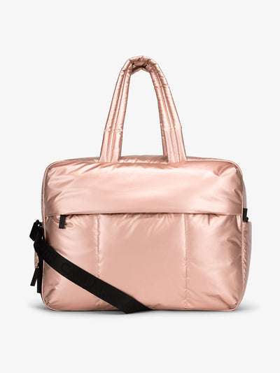 CALPAK Luka large duffle bag with detachable strap and zippered front pocket in metallic pink; DLL2201-ROSE-GOLD