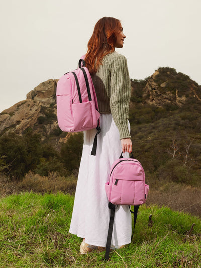 CALPAK Luka Mini Backpack with soft puffy exterior and front zippered pocket in pink; BPM2201-BUBBLEGUM view 2