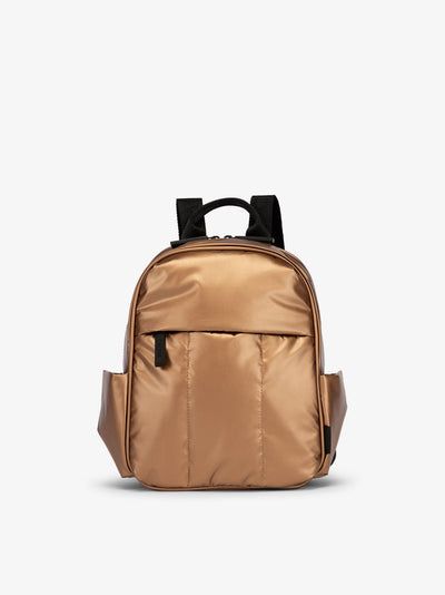 CALPAK Luka Mini Backpack with soft puffy exterior and front zippered pocket in metallic copper; BPM2201-COPPER view 1