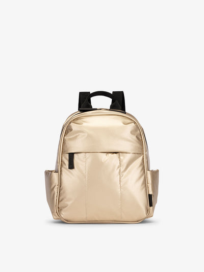 CALPAK Luka Mini Backpack with soft puffy exterior and front zippered pocket in metallic gold; BPM2201-GOLD view 1