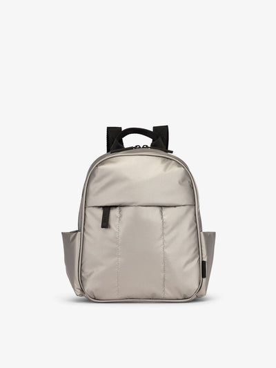 CALPAK Luka Mini Backpack with soft puffy exterior and front zippered pocket in metallic silver; BPM2201-GUNMETAL