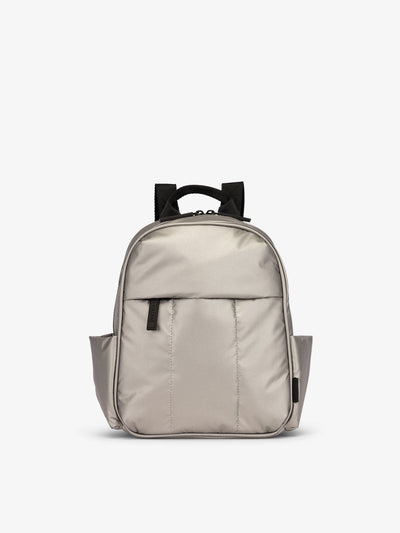 CALPAK Luka Mini Backpack with soft puffy exterior and front zippered pocket in metallic silver; BPM2201-GUNMETAL view 1