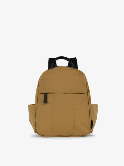 CALPAK Luka Mini Backpack for essentials for everyday use with puffy exterior and water resistant interior lining in khaki; BPM2201-KHAKI
