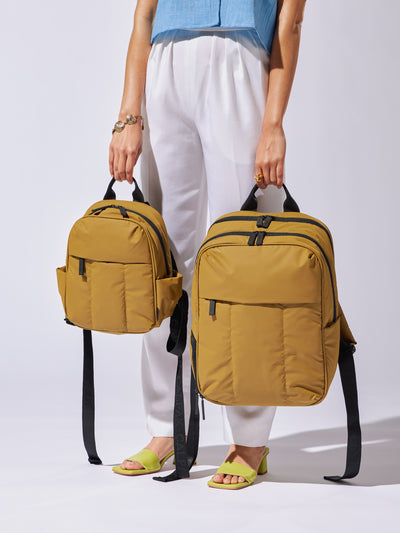 CALPAK Luka Mini Backpack for essentials for everyday use with puffy exterior and water resistant interior lining in khaki; BPM2201-KHAKI