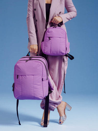 CALPAK Luka Mini Backpack with soft puffy exterior and front zippered pocket in light purple lilac; BPM2201-LILAC view 2