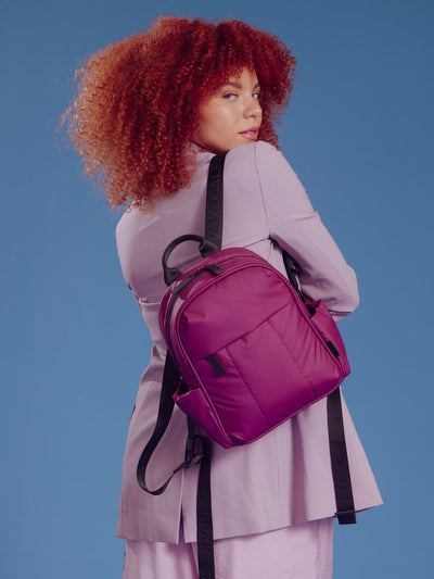 CALPAK Luka Mini Backpack with soft puffy exterior and front zippered pocket purple plum; BPM2201-PLUM view 2