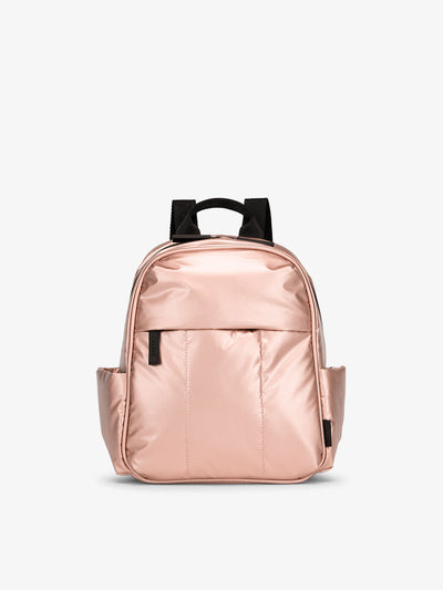 CALPAK Luka Mini Backpack with soft puffy exterior and front zippered pocket in metallic pink; BPM2201-ROSE-GOLD