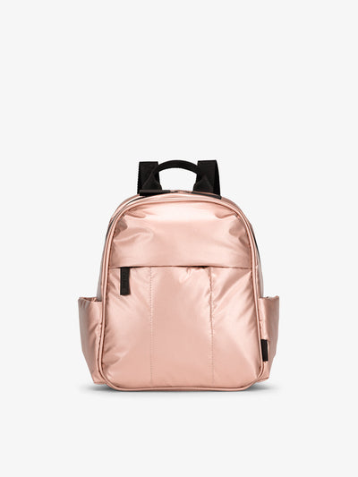 CALPAK Luka Mini Backpack with soft puffy exterior and front zippered pocket in metallic pink; BPM2201-ROSE-GOLD view 1