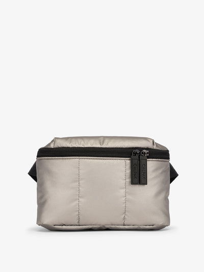 CALPAK Luka Mini Belt Bag with soft puffy exterior in silver gunmetal; BBM2201-GUNMETAL