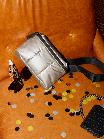 CALPAK Luka Mini Belt Bag with soft puffy exterior in silver gunmetal; BBM2201-GUNMETAL