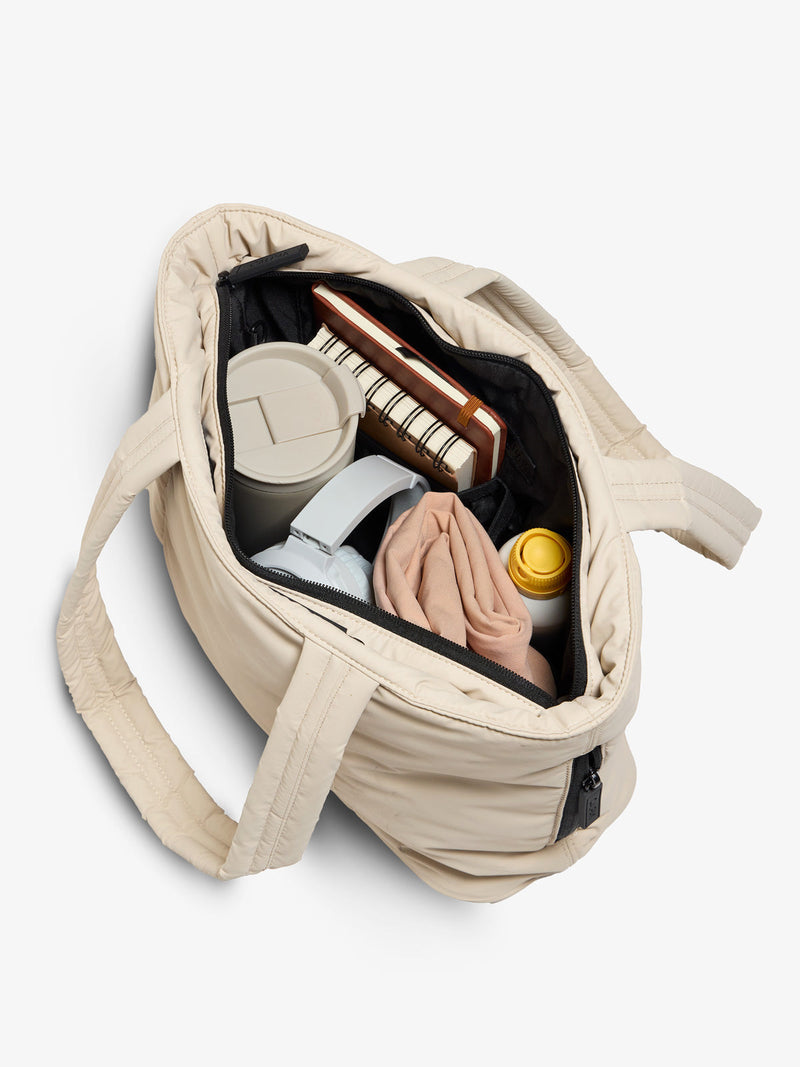 CALPAK luka mini tote with multiple interior pockets and water-resistant lining in beige oatmeal