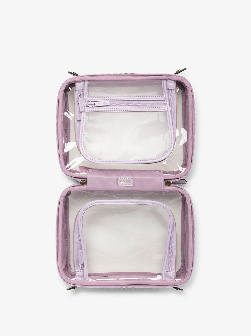 CALPAK clear travel makeup bag with compartments in lavender