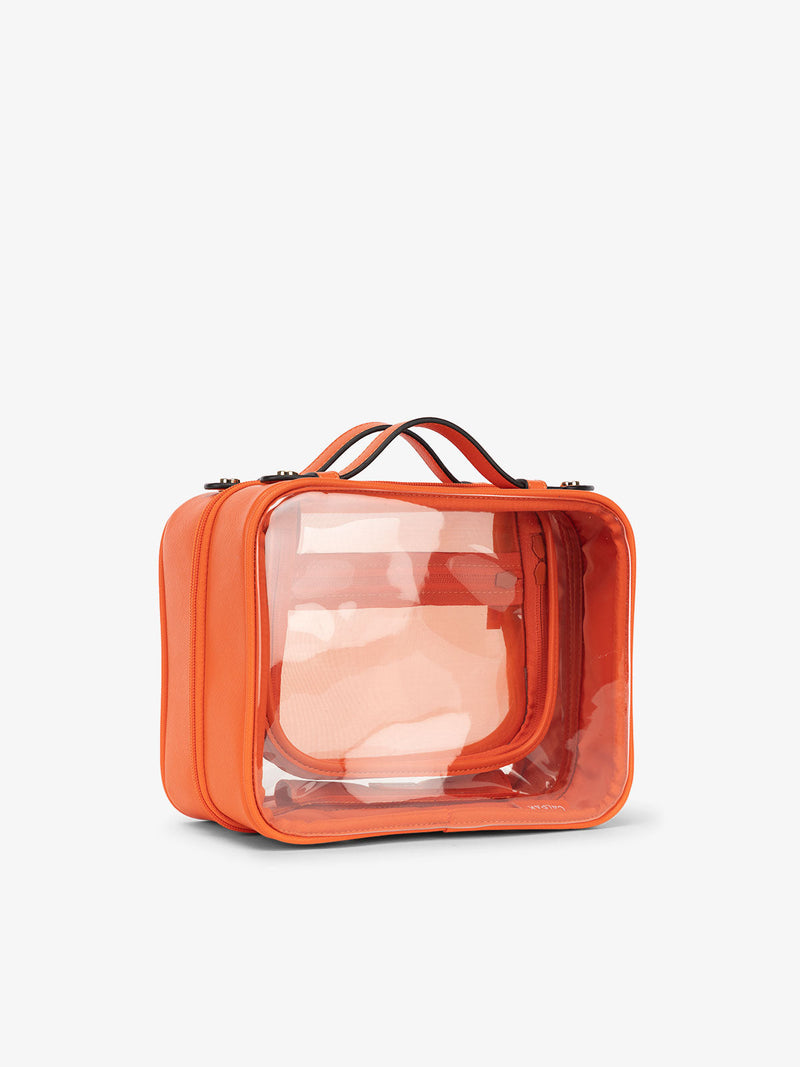 CALPAK medium clear cosmetics case with sturdy handles in papaya orange