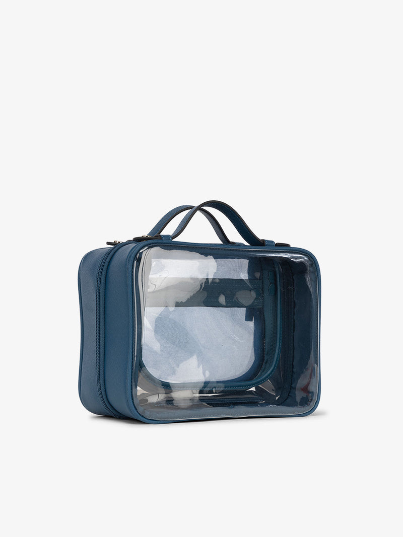 CALPAK medium clear cosmetics case with sturdy handles in deep sea blue