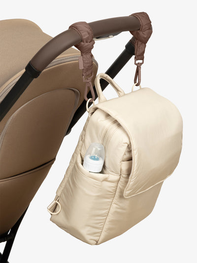 CALPAK Convertible Mini Diaper Backpack in white Oatmeal with Brown Hazelnut Stroller Straps; BBPC2401-OATMEAL-HAZELNUT view 2