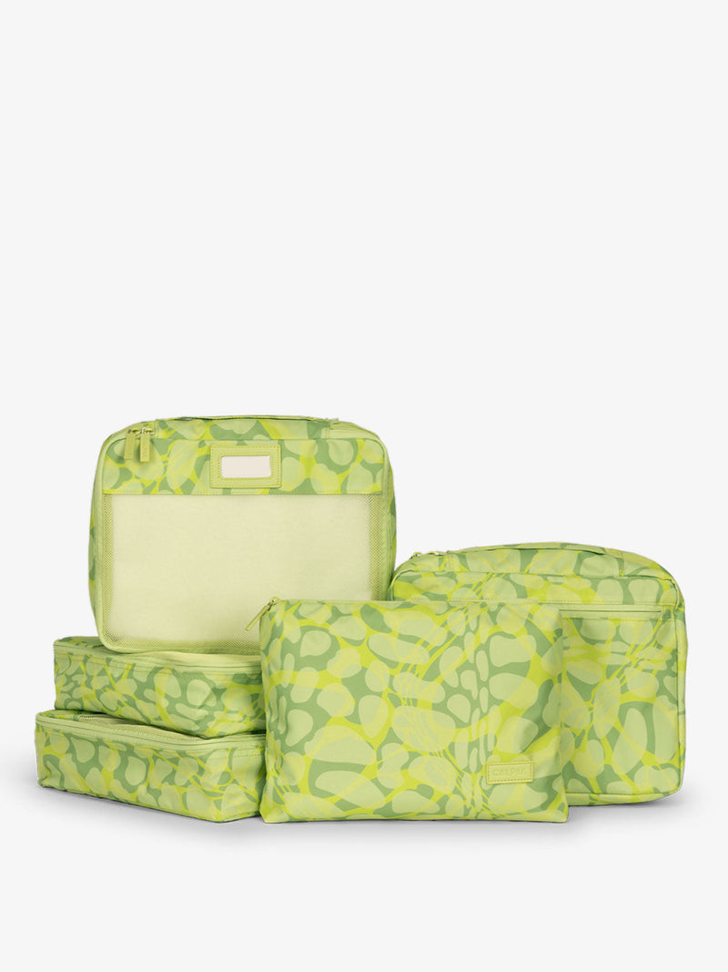 CALPAK 5 piece set packing cubes for travel with labels and top handles in lime green print