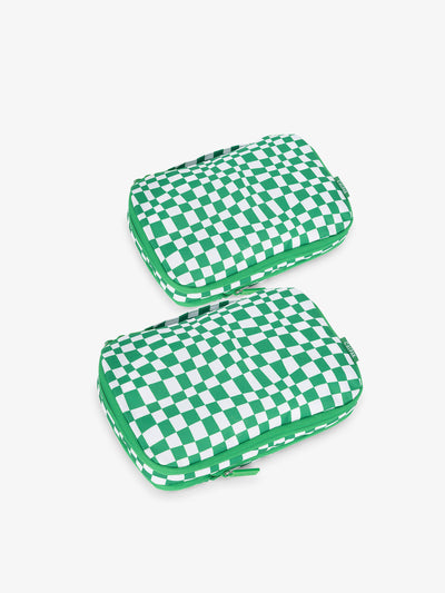 CALPAK small compression packing cubes in green and white checker print; PCS2301-GREEN-CHECKERBOARD view 1