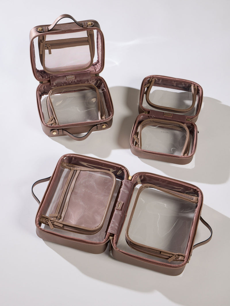 CALPAK Clear Cosmetic Cases in all size offerings in metallic bronze