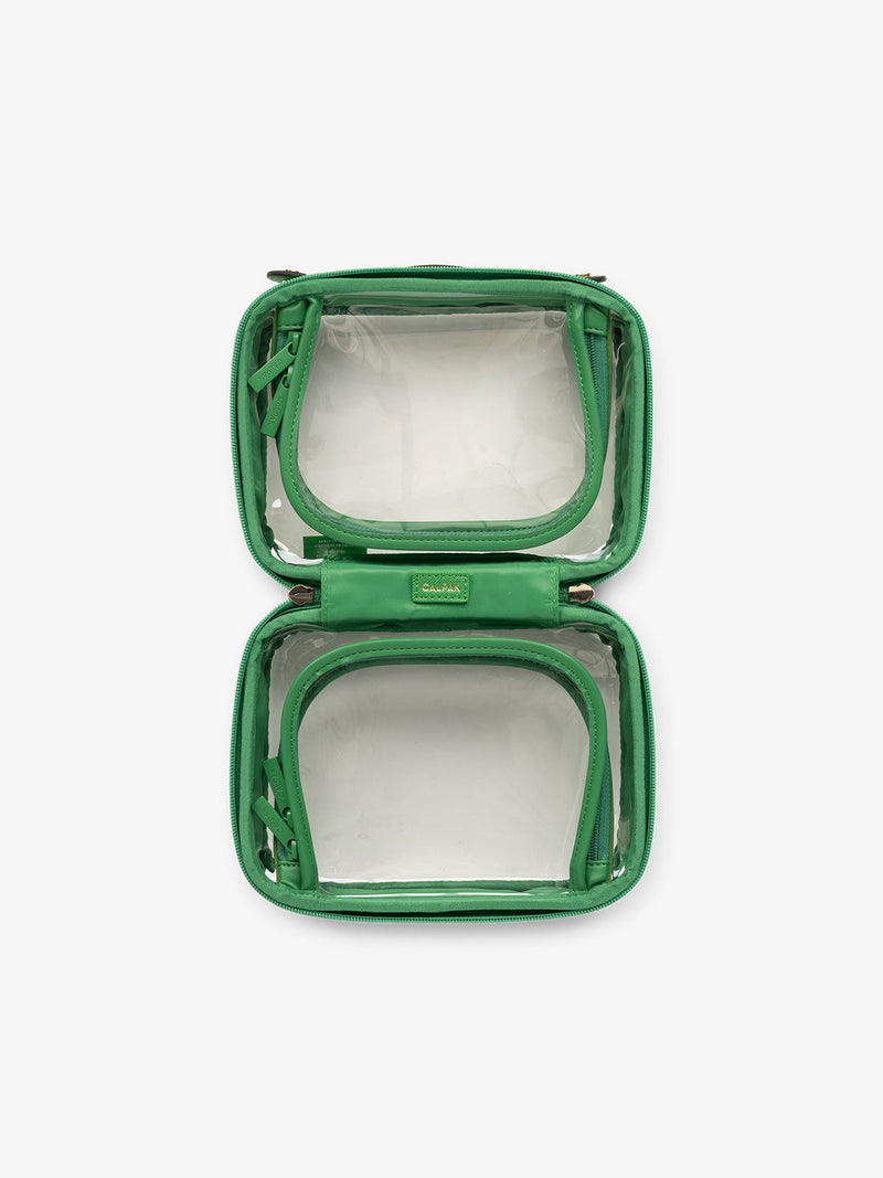 CALPAK small clear skincare bag with multiple zippered compartments in green apple