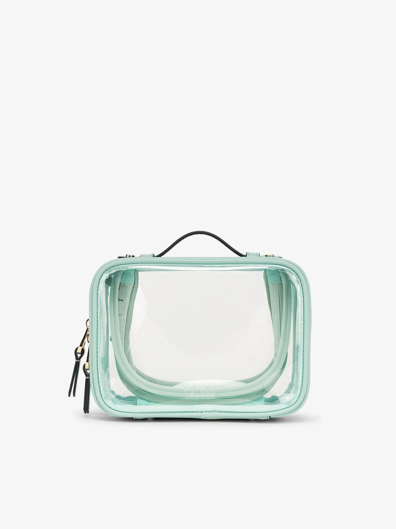 CALPAK small clear makeup bag with zippered compartments in aqua