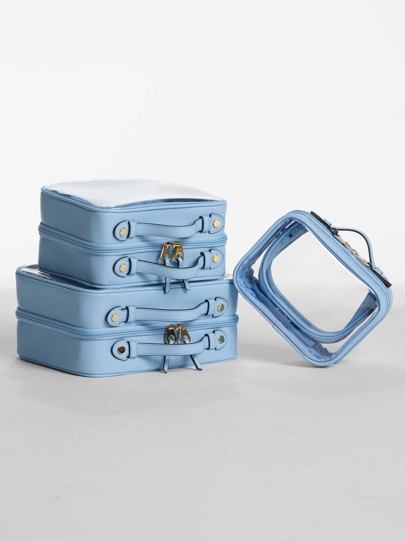 Blue CALPAK Clear Cosmetics Cases in small, medium and large