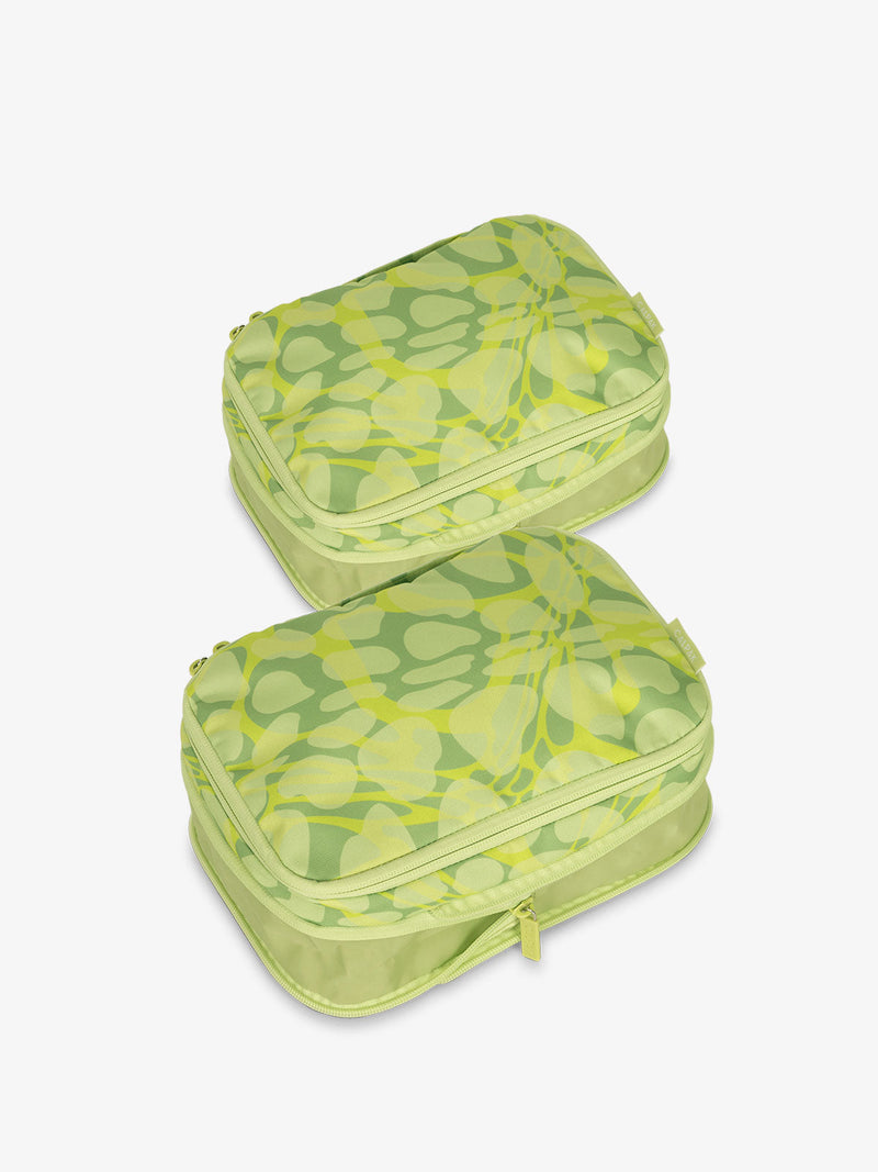 CALPAK small compression packing cubes with top handles and expandable by 4.5 inches in green lime viper print