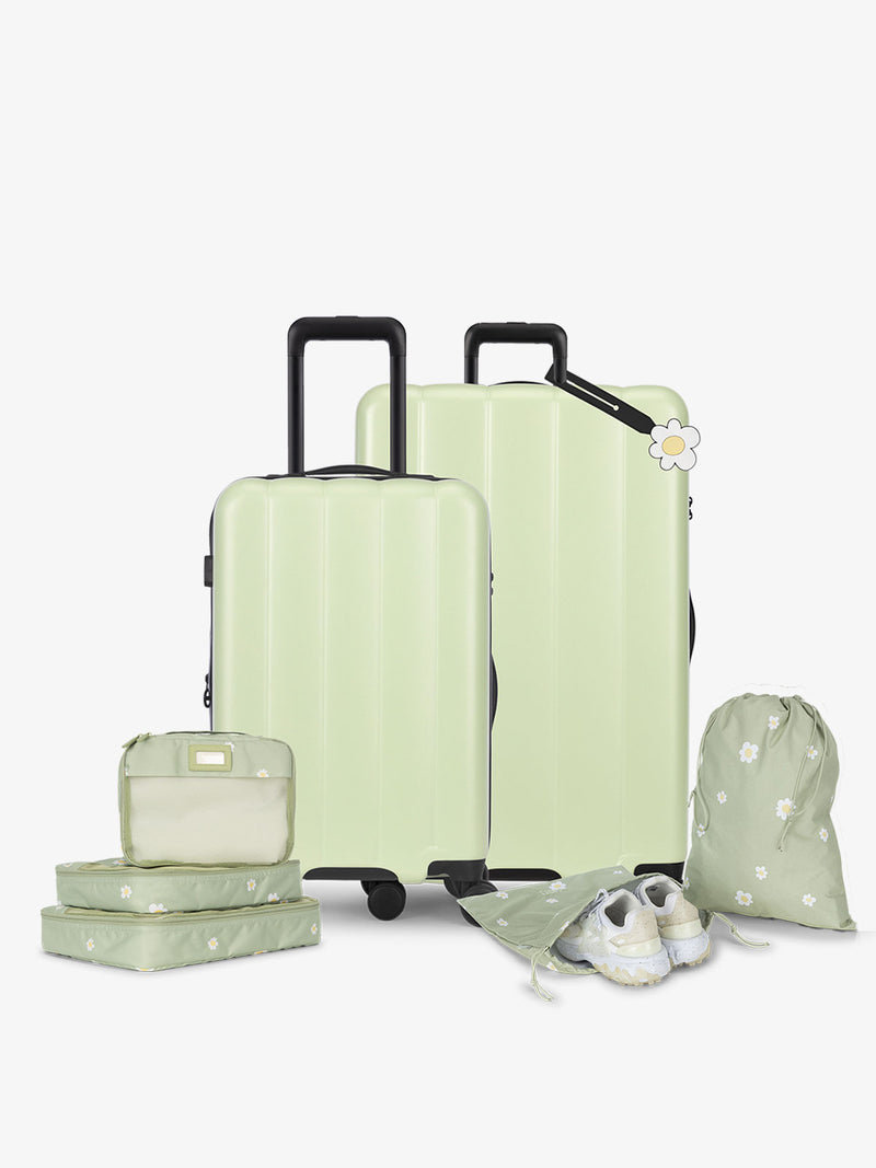 CALPAK starter bundle with carry-on, large luggage, packing cubes, pouches, and luggage tag in daisy