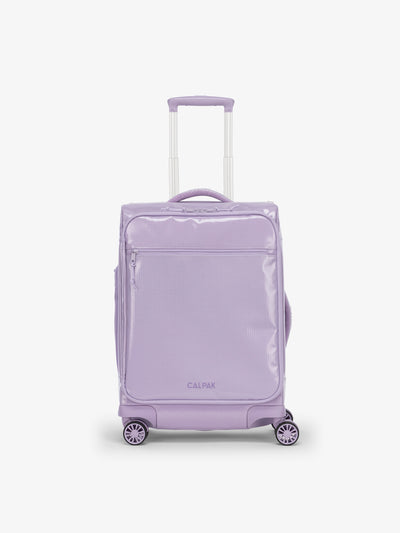 Studio product shot of front-facing CALPAK Terra 35L Carry-On luggage with soft shell and 360 spinner wheels in light purple amethyst; LTR1020-AMETHYST view 1