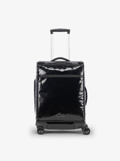 Studio product shot of front-facing CALPAK Terra 35L Carry-On luggage with soft shell and 360 spinner wheels in obsidian; LTR1020-OBSIDIAN view 1