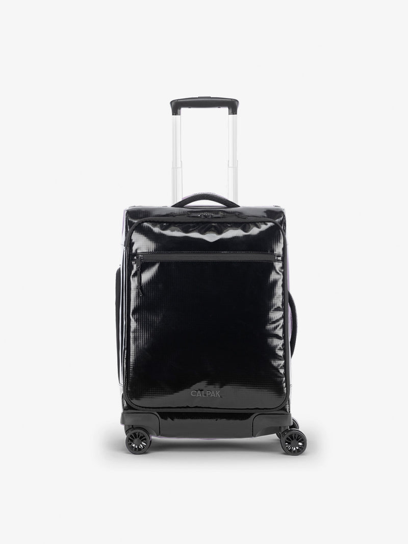 Studio product shot of front-facing CALPAK Terra 35L Carry-On luggage with soft shell and 360 spinner wheels in obsidian