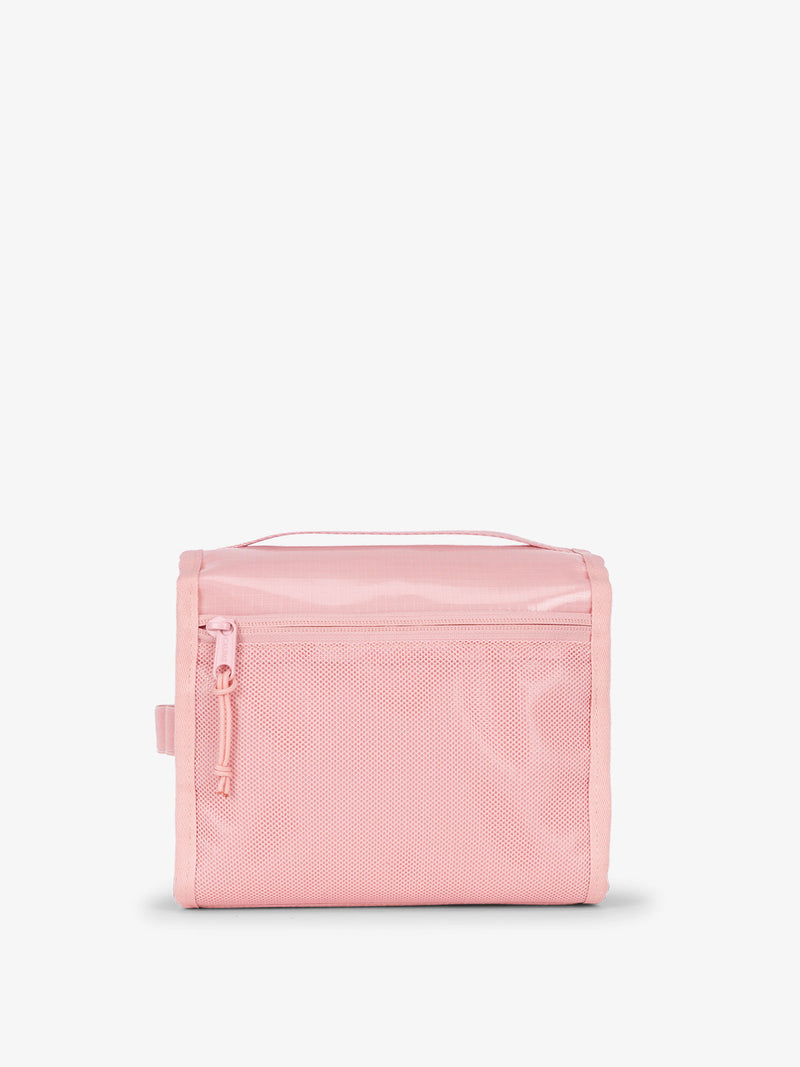 CALPAK water-resistant Terra Hanging Toiletry Bag and back mesh zippered pocket in pink blossom